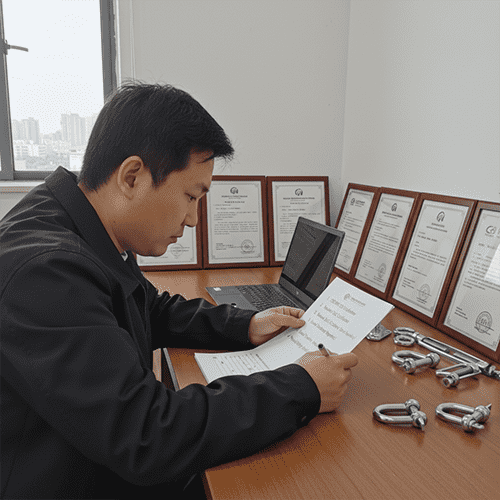 An engineer reviewing a checklist against a backdrop of certificates
